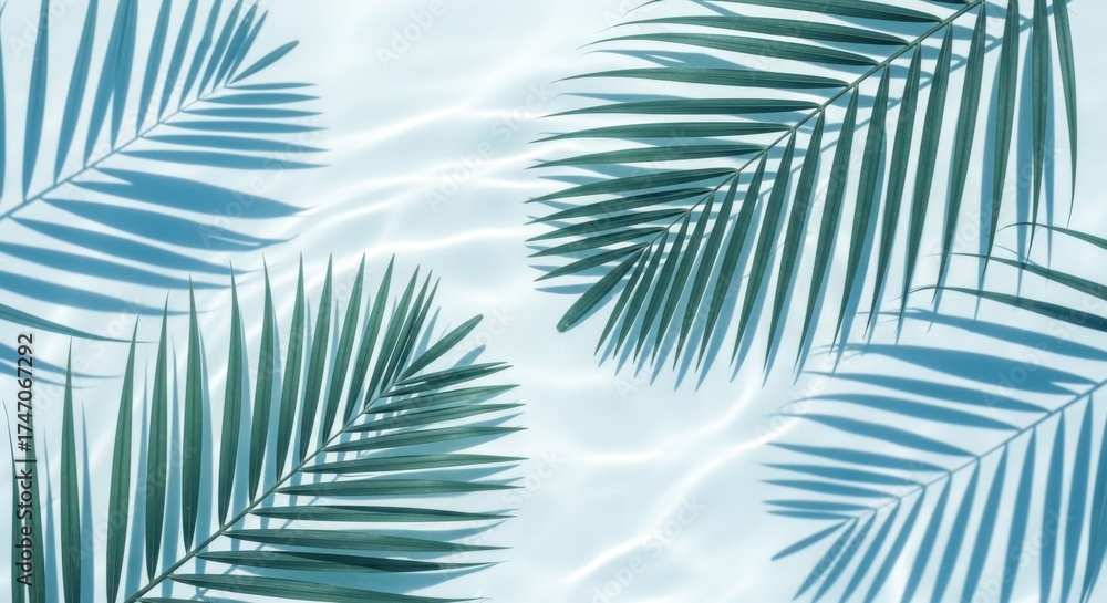 Fototapeta premium Palm fronds reflected on rippling blue water surface