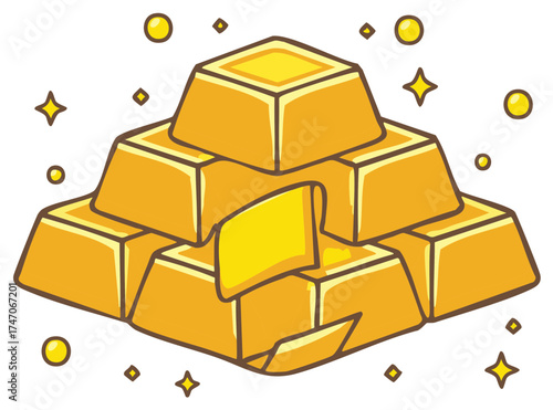Cartoon illustration of a stack of gold bars, financial investment concept