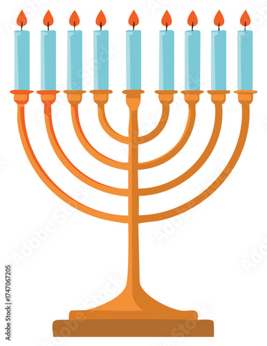 Gold menorah with eight blue candles, celebrating the festival of lights with faith and Jewish traditions, symbolizing dedication and cultural heritage.