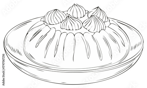 Dessert Sketch Illustration with Creamy Topping on Plate