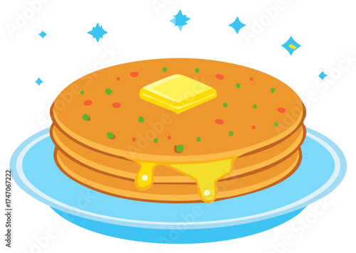 Fluffy pancakes topped with melting butter and colorful sprinkles served on a blue plate with sparkling stars