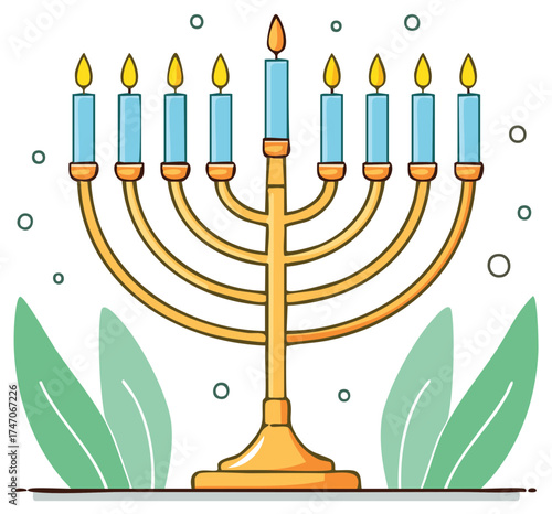 Cartoon illustration of a lit menorah with candles for celebration.
