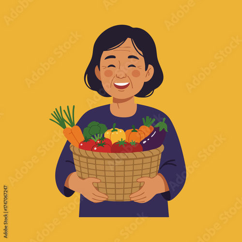 Flat Illustration Happy Senior Woman Holding Basket Full of Fresh Vegetables