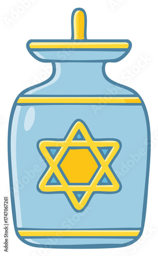 Cartoon blue jar with lid featuring yellow Star of David decoration for cultural or religious designs