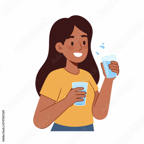 Flat Illustration of a Young Woman Drinking Refreshing Water Beverage