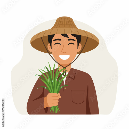 Smiling Cartoon Character Farmer Holding Rice Crop Agricultural Illustration