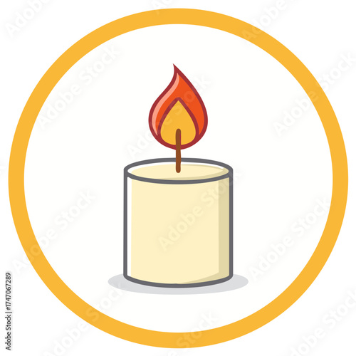 Cartoon illustration of a lit wax candle with a glowing flame inside a yellow circular frame