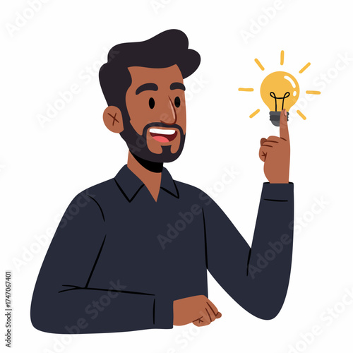 Flat Cartoon Man Having an Idea with Light Bulb Illustration
