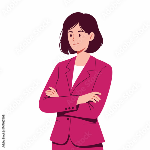 Flat Style Standing Businesswoman in Pink Suit with Arms Crossed Illustration