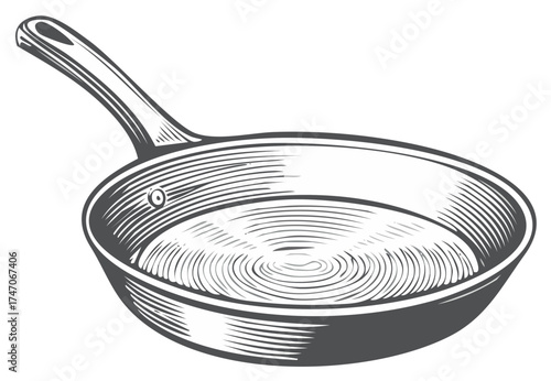 Engraved Illustration of a Frying Pan with Handle, Isolated on White Background