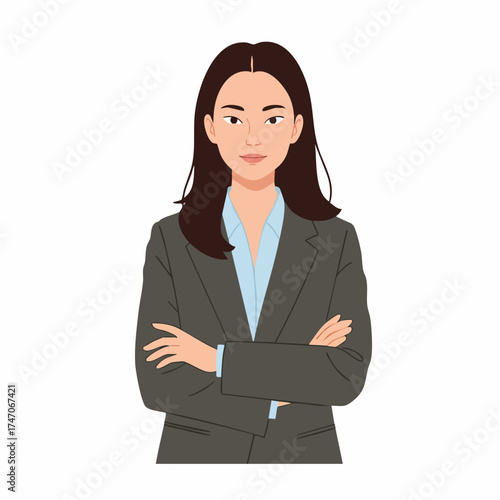 Flat Illustration Confident Brunette Woman in Suit Standing with Arms Crossed Character