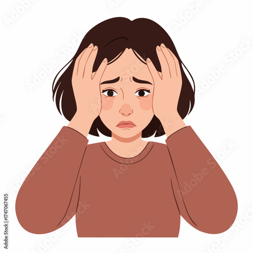 Flat Illustration of Sad Female With Depression Expression Face Character