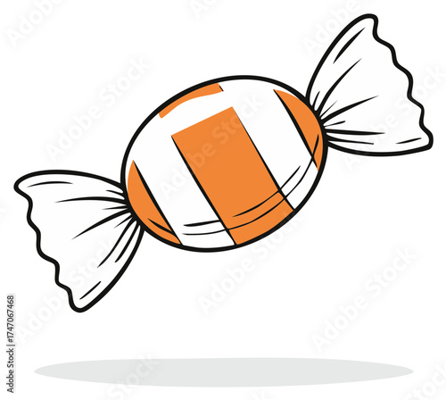 Wrapped hard candy cartoon illustration with orange and white stripes in paper ends