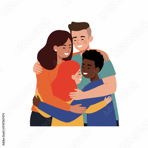 Flat Diverse Family Embrace Happiness Affection Illustration Group of People