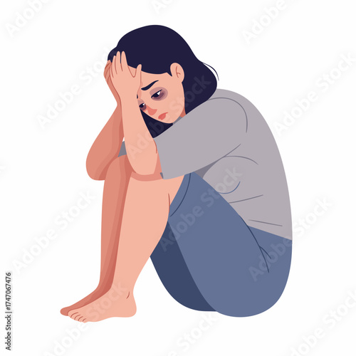 Flat Design Depressed Woman Sitting and Crying Despair Illustration