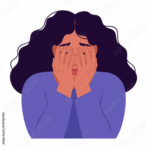 Flat Illustration Sad Woman Covering Face with Hands Emotional Crisis
