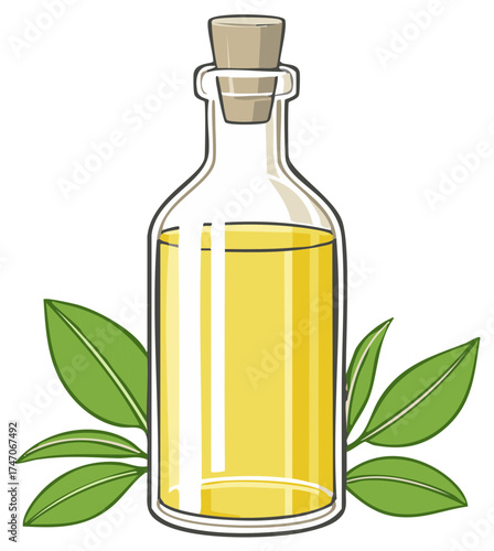 Artistic Style Illustration of a Bottle Filled with Yellow Oil and Green Leaves Near the Base with a Cork Stopper