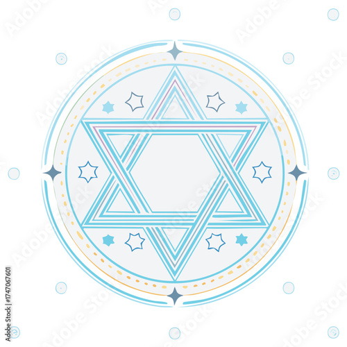 Stylized Star of David symbol in a light blue and yellow decorative circular design