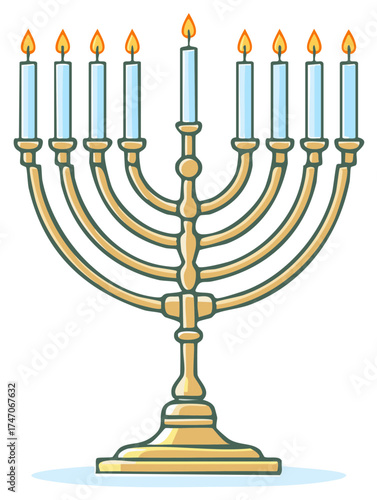 Menorah Illustration With Candles Lit, Hanukkah Celebration, Light And Faith Concept