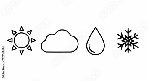 Minimal 4 Icon Vector Set – Weather Symbols of Sun, Cloud, Raindrop and Snowflake in Black SVG Outline Style on White Background