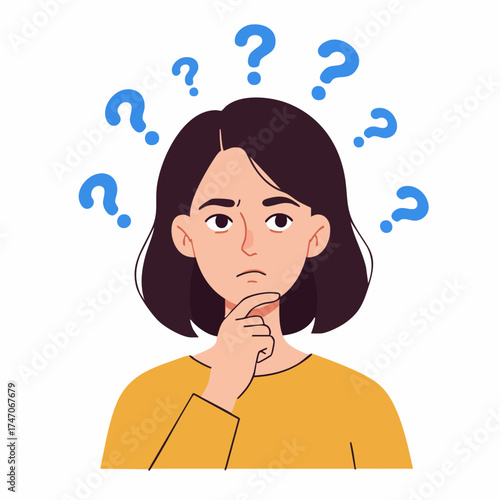 Flat Style Thoughtful Woman Surrounded by Question Marks Concept Illustration