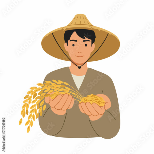 Flat Illustration of Asian Farmer Holding Rice Grains Harvest Crop