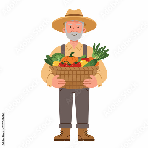 Cartoon Flat Illustration of Elderly Farmer Holding Harvest Basket Full