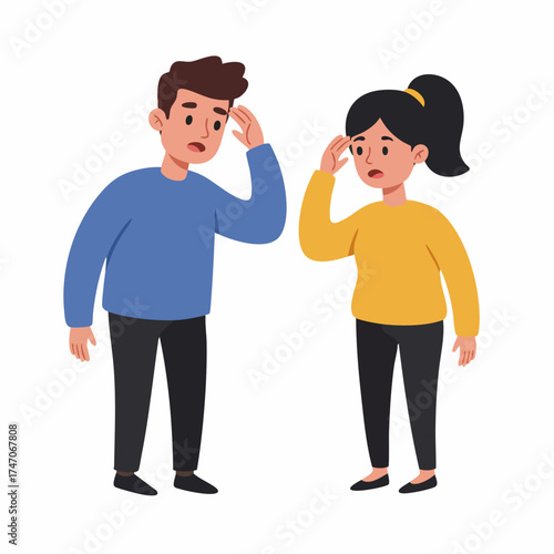 Flat Illustration of Stressed Young Man and Woman Suffering Headache