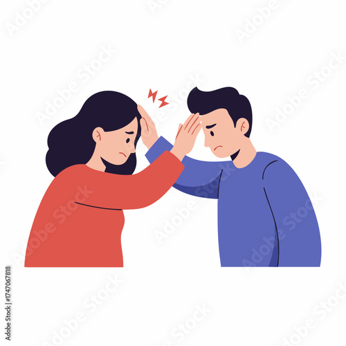 Flat Style Frustrated People Touching Foreheads Experiencing Headache Illustration