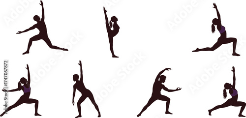 Christmas zombie dance silhouettes, yoga fitness poses, group workout illustration, healthy lifestyle, meditation balance, flexibility training, exercise movement, wellness art