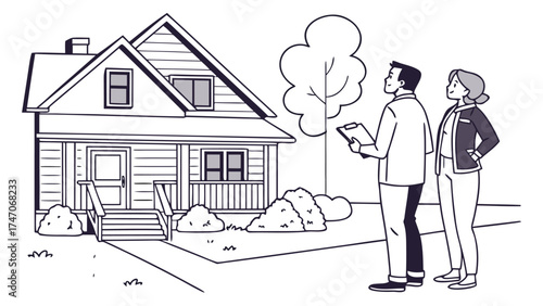 A couple looking at a house with a clipboard in hand and a tree in the yard on a sunny day outside home