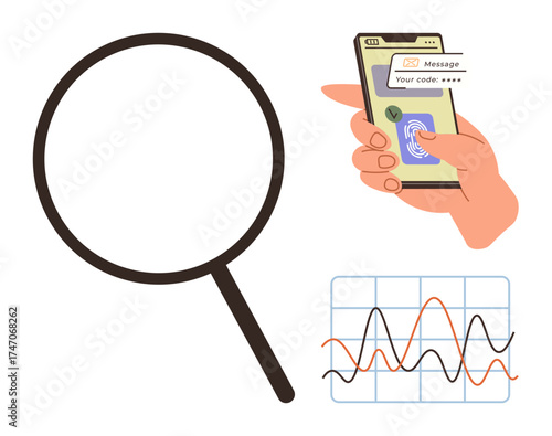 Magnifying glass, hand holding smartphone using fingerprint for security, data graph analysis. Ideal for cybersecurity, technology, mobile access, user verification, analytics, privacy simple flat