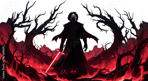 Dark warrior illustration with red lightsaber, cloaked figure in lava forest, gothic sci-fi character design, dramatic black and white fantasy scene