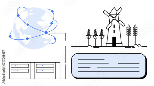 Globe with data connections, servers, windmill, crops, and text block. Ideal for technology, agriculture, innovation, sustainability global communication renewable energy simple flat metaphor