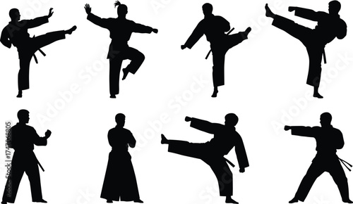 Christmas zombie martial arts silhouettes, karate poses vector, dynamic fighting stances, self-defense illustration, isolated black design art, combat training movement collection