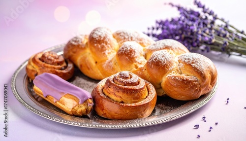 Wallpaper Mural Delicious baked goods assortment on a silver platter with lavender sprigs Torontodigital.ca