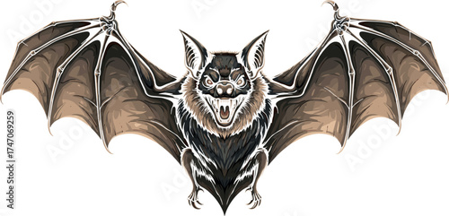 Detailed bat illustration, symmetrical wings spread, fierce expression and sharp teeth, gothic wildlife art, natural color palette, fantasy horror theme