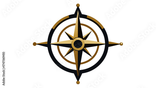 Golden and black compass rose on a white background