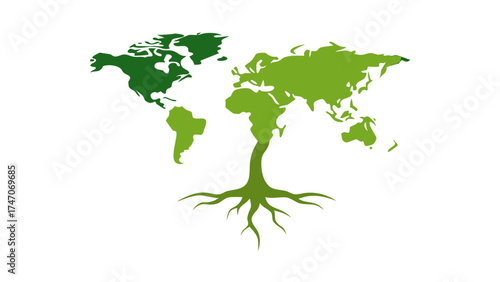 World Map as a Tree with Roots on White Background