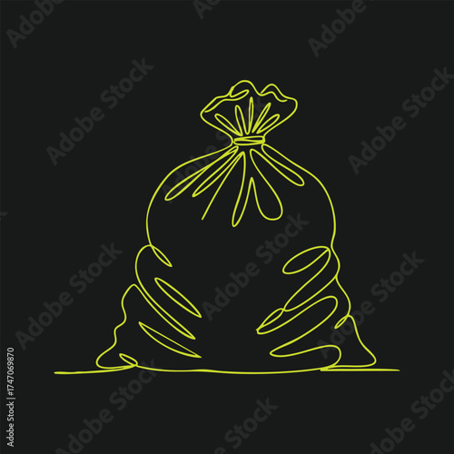 Minimalist neon line drawing of a tied cloth bag on a dark emphasizing simplicity and modern art style