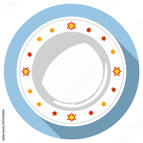 Decorative plate with star symbols, white ceramic dish on blue circle, flat design, long shadow