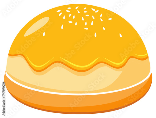 Simplified cartoon illustration of a pastry bun with sesame seeds, layered design in shades of yellow and orange