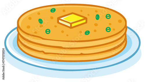 Stack of pancakes with butter and chives on a plate