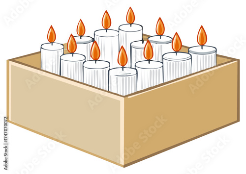 Collection of lit white candles with orange flames in a simple open brown box illustration