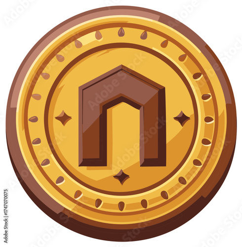 Illustration of Brown and Gold Cryptocurrency Coin Token with Square Arch Portal in the Center