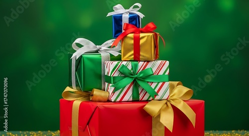 Stack of colorful wrapped christmas presents on a green background