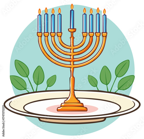 Illustration of a Menorah with lit blue candles on a platter with green leaves