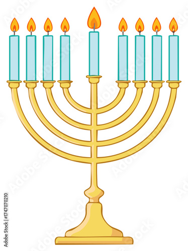 Illustration of a nine-branched golden menorah with lit blue candles for Hanukkah celebrations