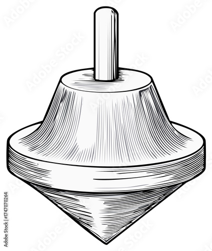 Vintage Spinning Top Toy with Engraved Details in Black and White