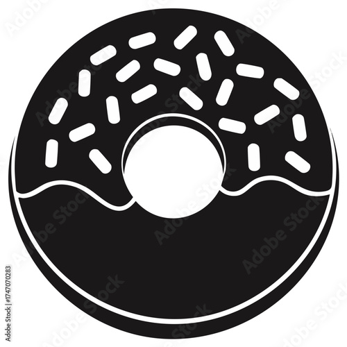 Black and white donut icon with glaze and sprinkles vector graphic element